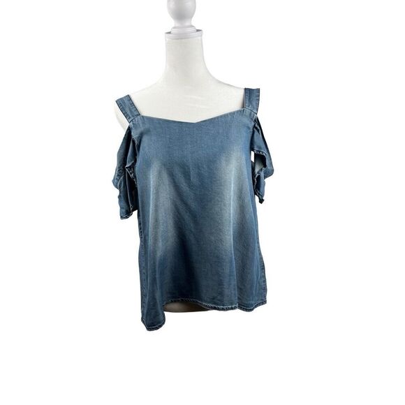 Blue Rain Chambray Cold Shoulder Denim Top Medium - Picture 1 of 8